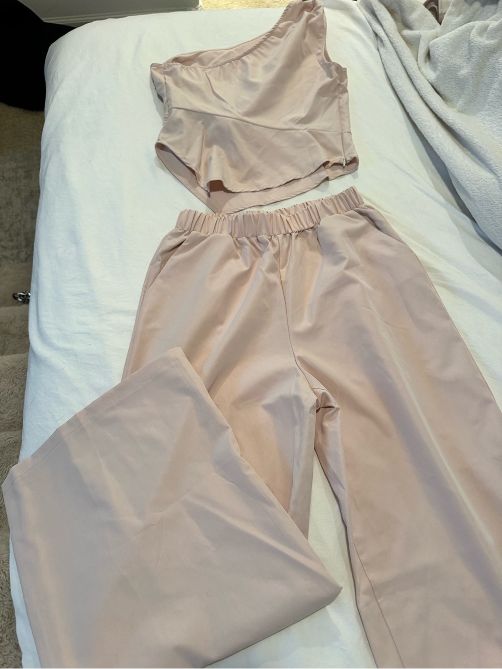 Blush Pink One-Shoulder Crop Top & Wide-Leg Pants Set